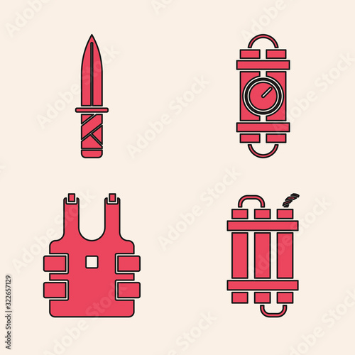 Set Detonate dynamite bomb stick, Military knife , Detonate dynamite bomb stick and timer clock and Bulletproof vest for protection from bullets icon. Vector
