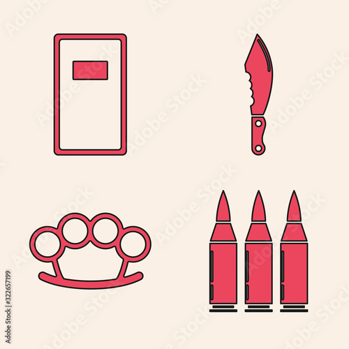 Set Bullet , Police assault shield , Military knife and Brass knuckles icon. Vector