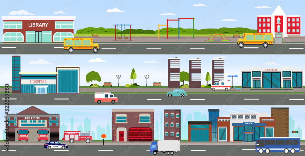 Vector of urban cityscape and rural area with modern buildings, skyscrapers, houses, hospital, fire department, police station, school, library and passing by cars and buses.