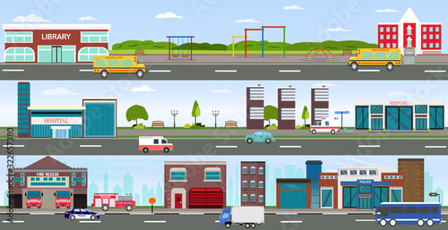 Vector of urban cityscape and rural area with modern buildings, skyscrapers, houses, hospital, fire department, police station, school, library and passing by cars and buses. © Feodora