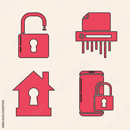 Set Smartphone with closed padlock , Open padlock , Paper shredder confidential and House under protection icon. Vector