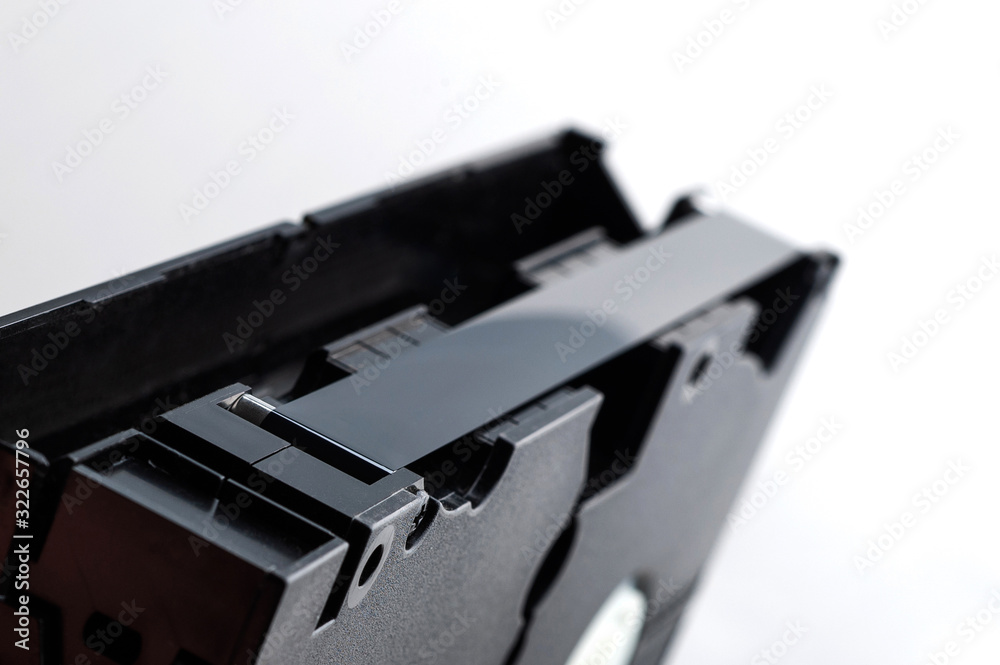 VHS video cassette closeup magnetic tape on a white background. isolated on white background VHS video cassette closeup magnetic tape on a white background. isolated on white background