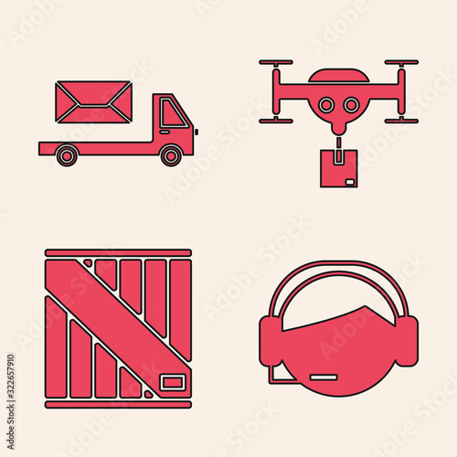 Set Support operator in touch, Post truck , Delivery drone with the package and Wooden box icon. Vector
