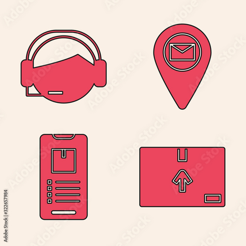 Set Cardboard box with traffic symbol , Support operator in touch, Placeholder on map paper and Mobile phone with app delivery tracking icon. Vector