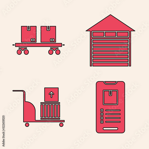 Set Mobile phone with app delivery tracking , Railway carriage , Closed warehouse and Electric hand truck and boxes icon. Vector