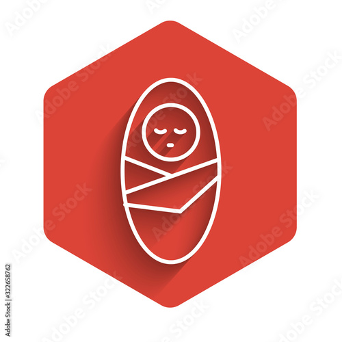 White line Newborn baby infant swaddled or swaddling icon isolated with long shadow. Baby kid child wrapped in blanket clothes. Red hexagon button. Vector Illustration