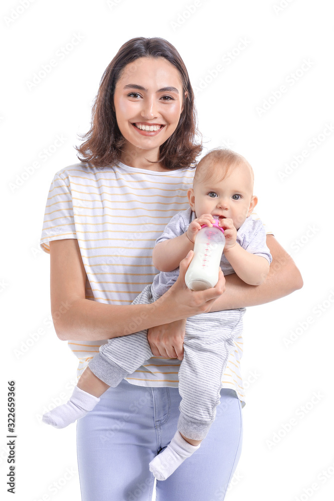 Mother feeding baby with milk from bottle on white background Mother feeding baby with milk from bottle on white background