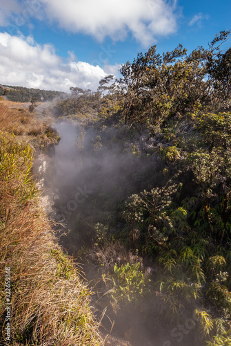 Closeup of crevasses producing steam and gasses on Kilaeuea volcano  Hawaii   USA.