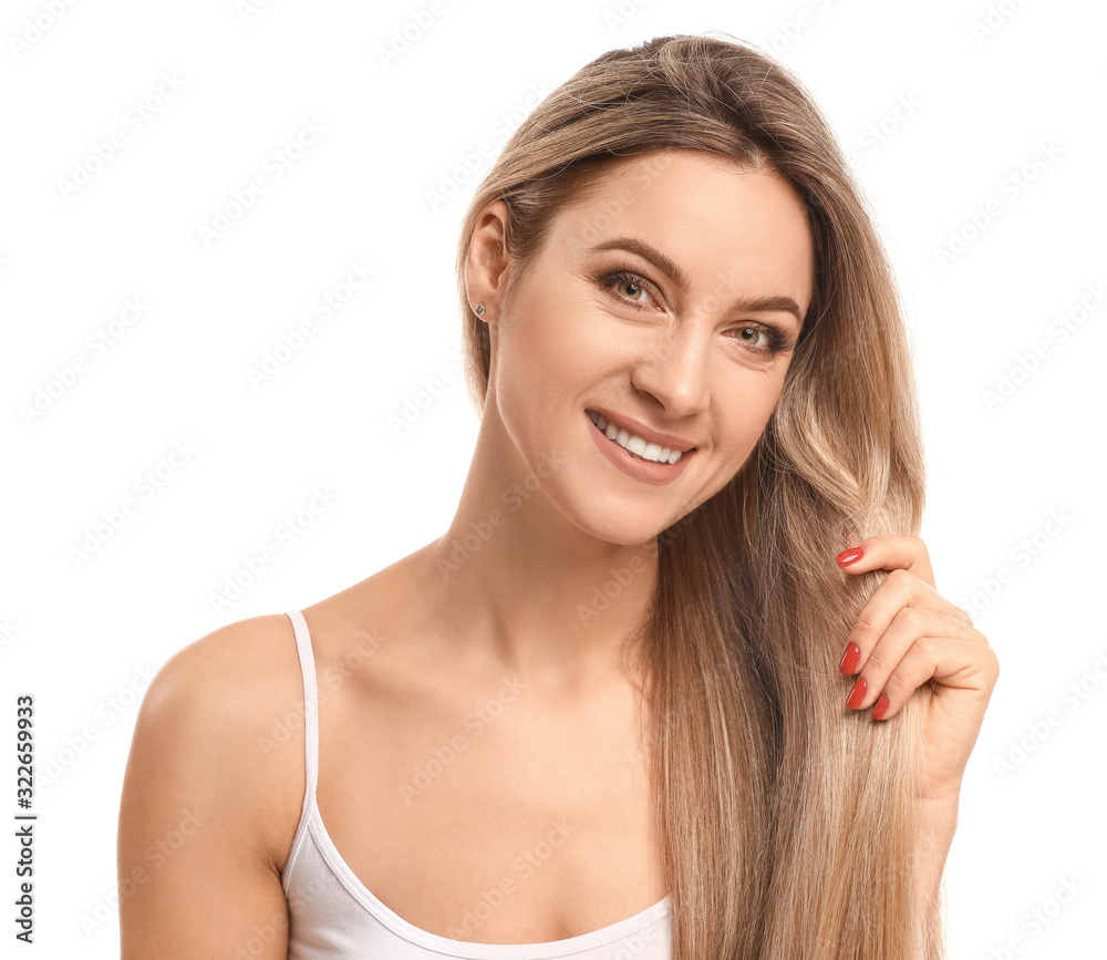 Beautiful young woman with long hair on white background Beautiful young woman with long hair on white background