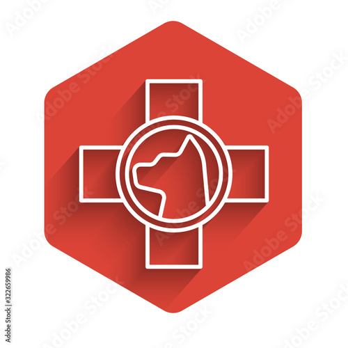 White line Veterinary clinic symbol icon isolated with long shadow. Cross with dog veterinary care. Pet First Aid sign. Red hexagon button. Vector Illustration