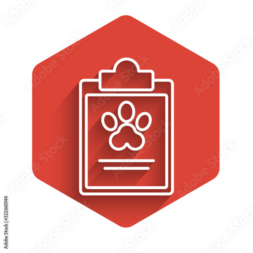 White line Clipboard with medical clinical record pet icon isolated with long shadow. Health insurance form. Medical check marks report. Red hexagon button. Vector Illustration