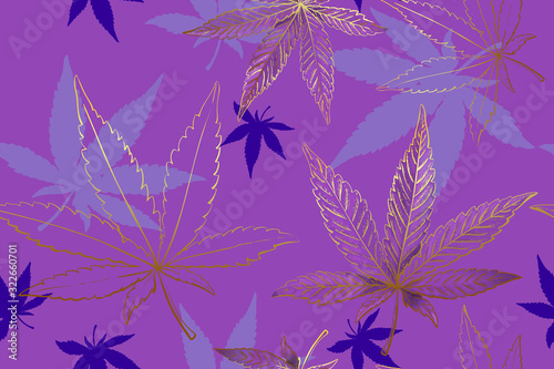 Seamless pattern of gold cannabis leaves. Pattern of pink or lilac marijuana leaf.