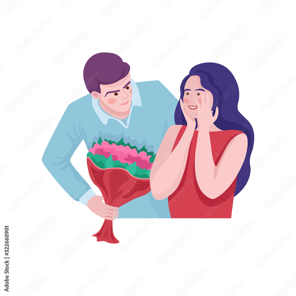 Man giving bouquet of flowers to girl vector illustration. Birthday, International Women Day, Valentine day flat concept. Man giving bouquet of flowers to girl vector illustration. Birthday, International Women Day, Valentine day flat concept.