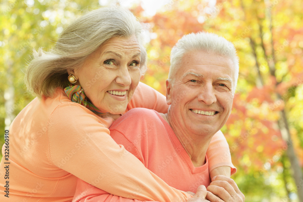 Close up portrait of caucasian senior couple in the park