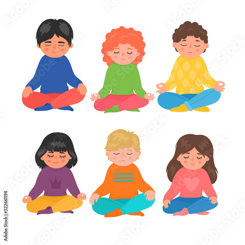Children meditation. Group of little girls and boys sitting in lotus pose and meditating. Kids yoga, mindfulness, relax, breathing lessons vector illustration isolated on white background.