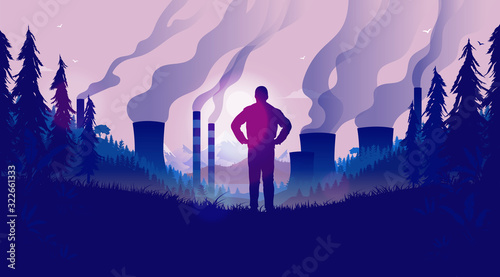 Pollution problem - Man looking at polluting factories from nature. Toxic smoke rising from pipes to the sky, fog and dark colours. Disappointed person and climate change concept. Illustration.