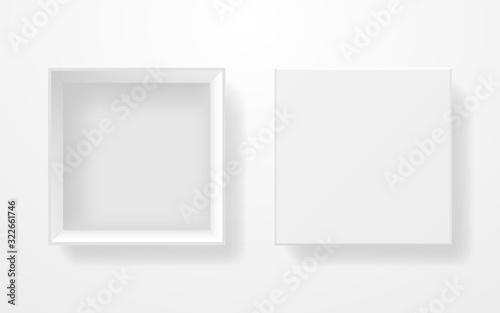 White box mockup top view. Realistic template on light background. Square cardboard box isolated. Open container with cover. Clean product blank. Vector illustration