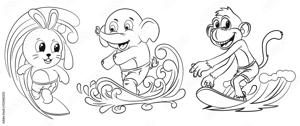 collection of cartoon animals surfing used for coloring book