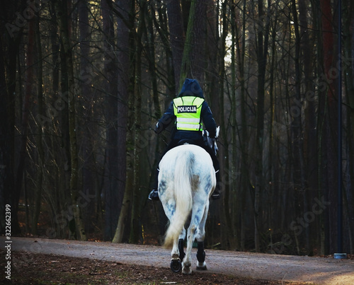 Police officer riding on horse from behind