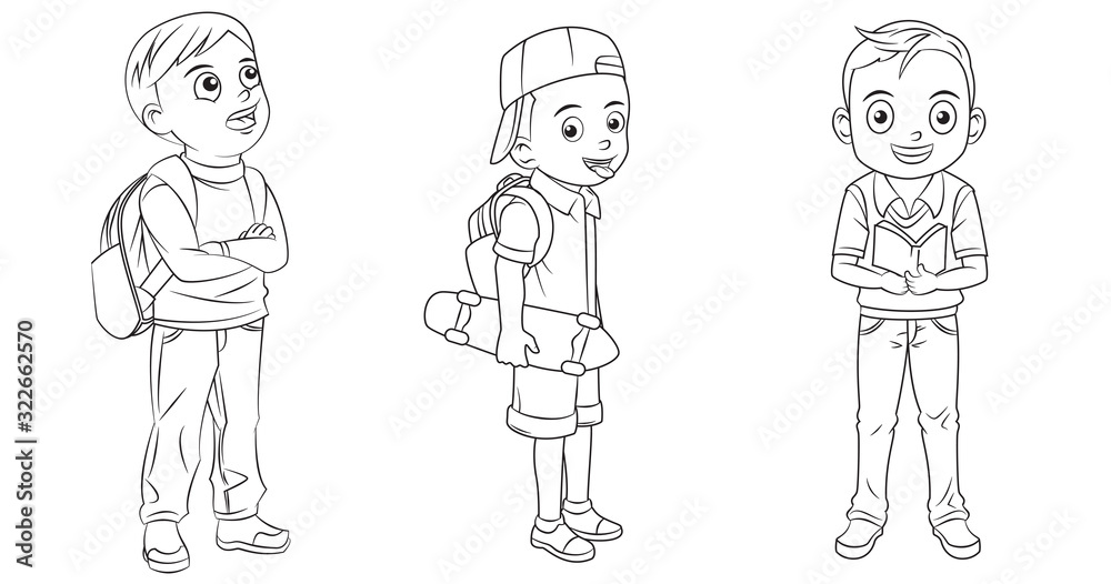 collection of cartoon boys going to school used for coloring book