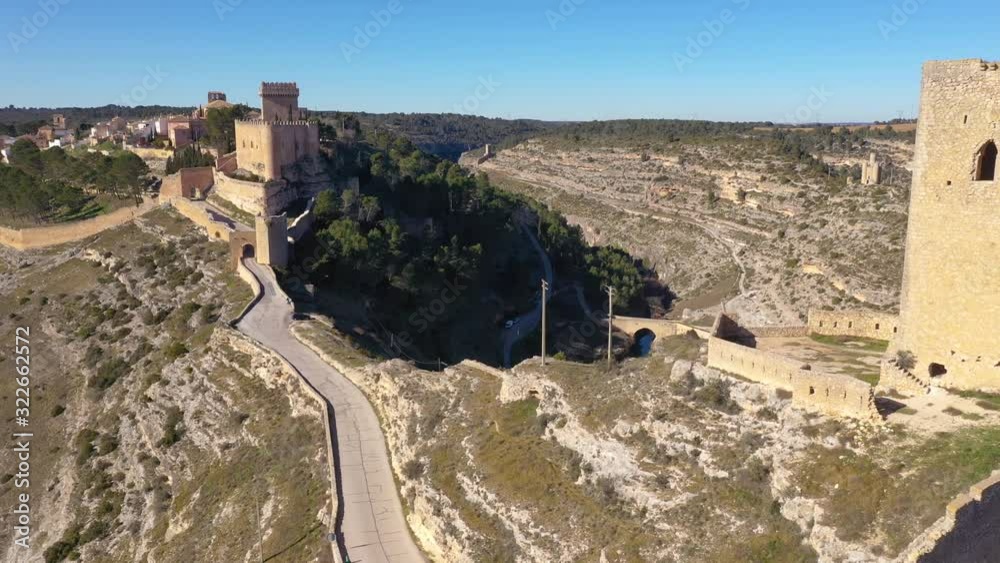Aerial view of Alarcon castle and fortifications along the Jucar river in Cuenca province Spain Aerial view of Alarcon castle and fortifications along the Jucar river in Cuenca province Spain