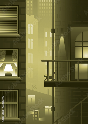 Black cat slinking through skyscrapers and back alley shadows of a moody, dark noir city on a misty night illustration.