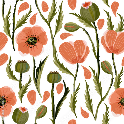 Poppy flower seamless vector pattern with petals in a flat style. Summer Provence blossom wallpaper  wild field and garden flora on a white background.