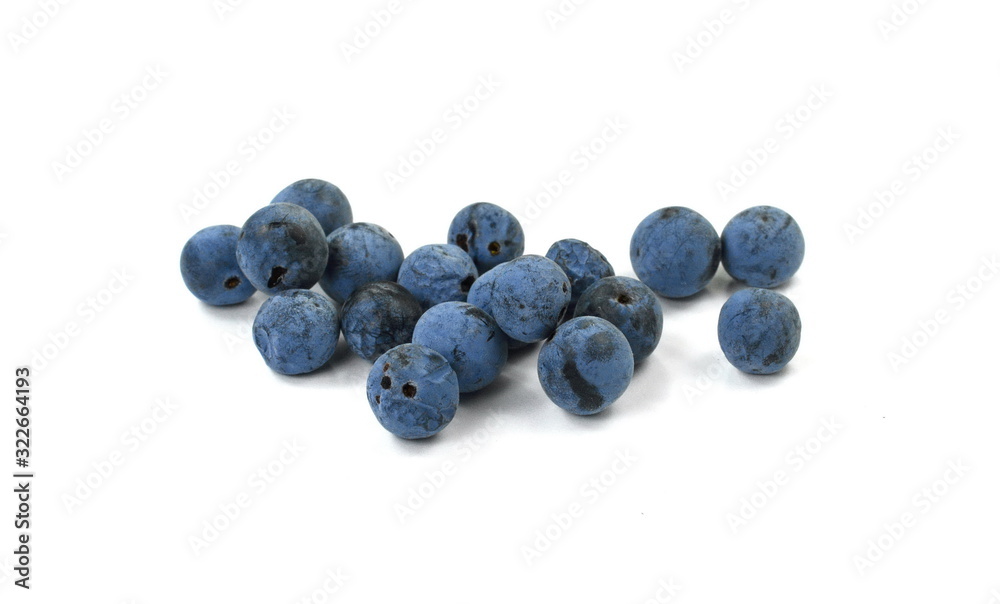 Prunus spinosa (blackthorn; sloe) scattered berries isolated on white background; Prunus spinosa (blackthorn; sloe) scattered berries isolated on white background;
