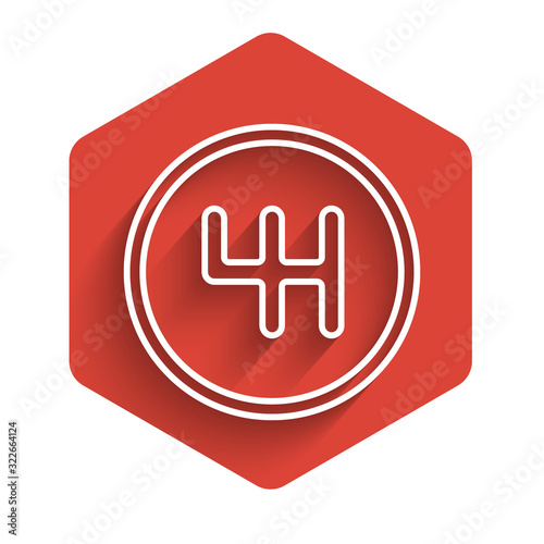 White line Gear shifter icon isolated with long shadow background. Transmission icon. Red hexagon button. Vector Illustration