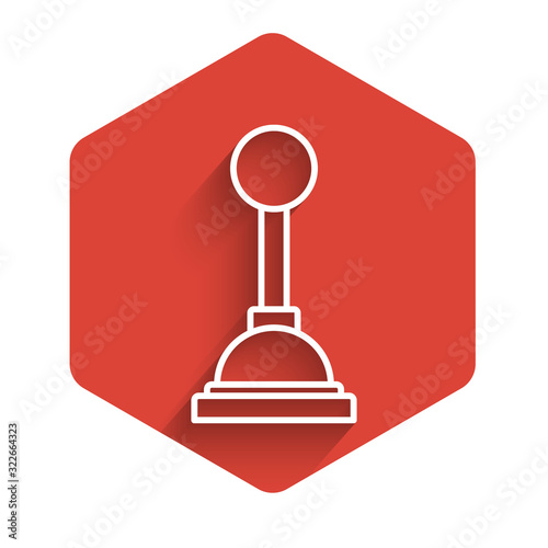White line Gear shifter icon isolated with long shadow background. Manual transmission icon. Red hexagon button. Vector Illustration