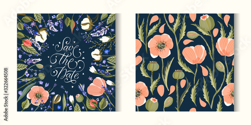 Save the Date. Floral greeting wedding card vector template. Frame with hand drawn wild field poppy, lavender, cotton and roses flowers illustrations in a flat style.