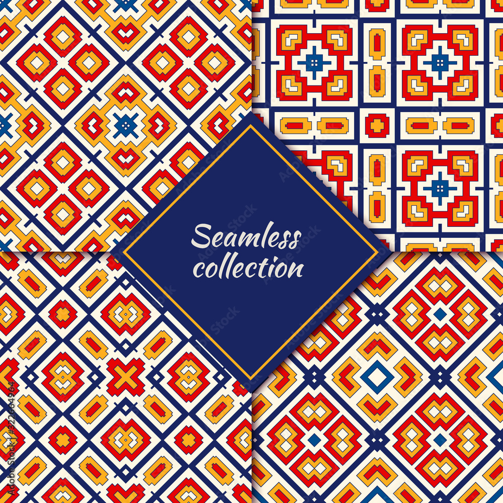 Ethnic seamless pattern collection. Folk, tribal backgrounds set. Oriental mosaic tiles. Eclectic embroidery prints