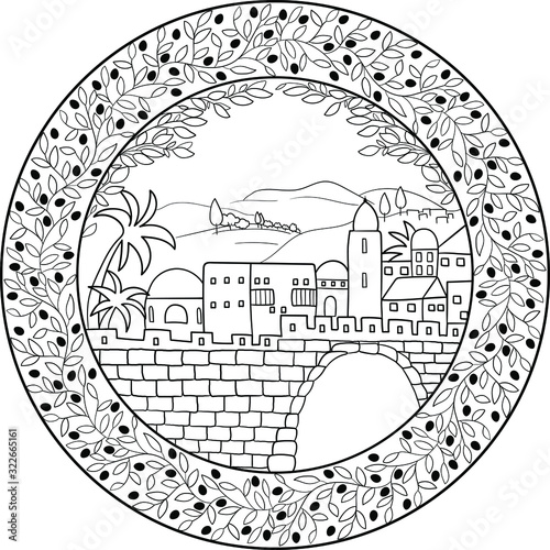 Ancient city outline black on transparent background drawing, withing cute little olive branches with berries doodle round frame. 