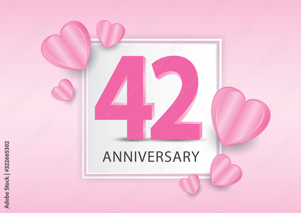 42 Years Anniversary Logo Celebration With heart background. Valentine’s Day Anniversary banner vector template