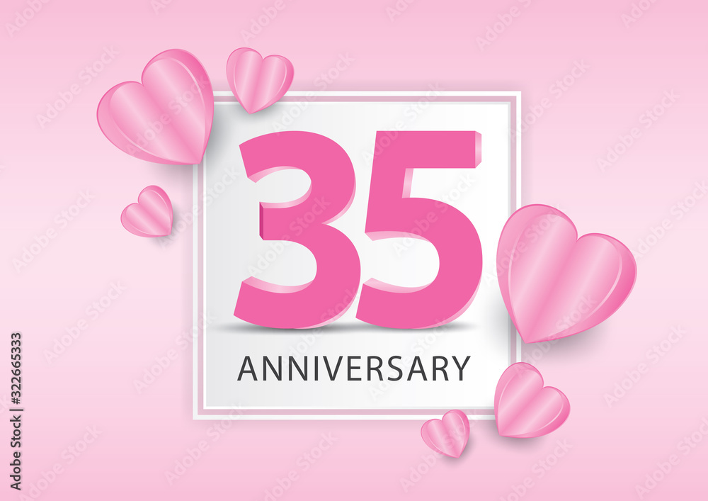 35 Years Anniversary Logo Celebration With heart background. Valentine’s Day Anniversary banner vector template