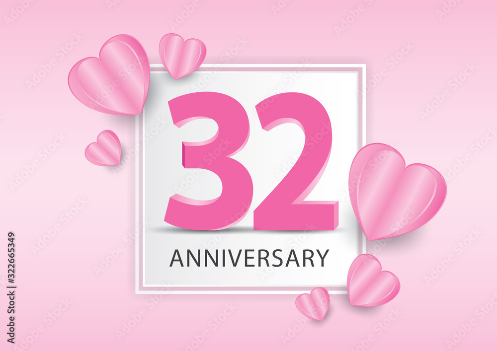 32 Years Anniversary Logo Celebration With heart background. Valentine’s Day Anniversary banner vector template