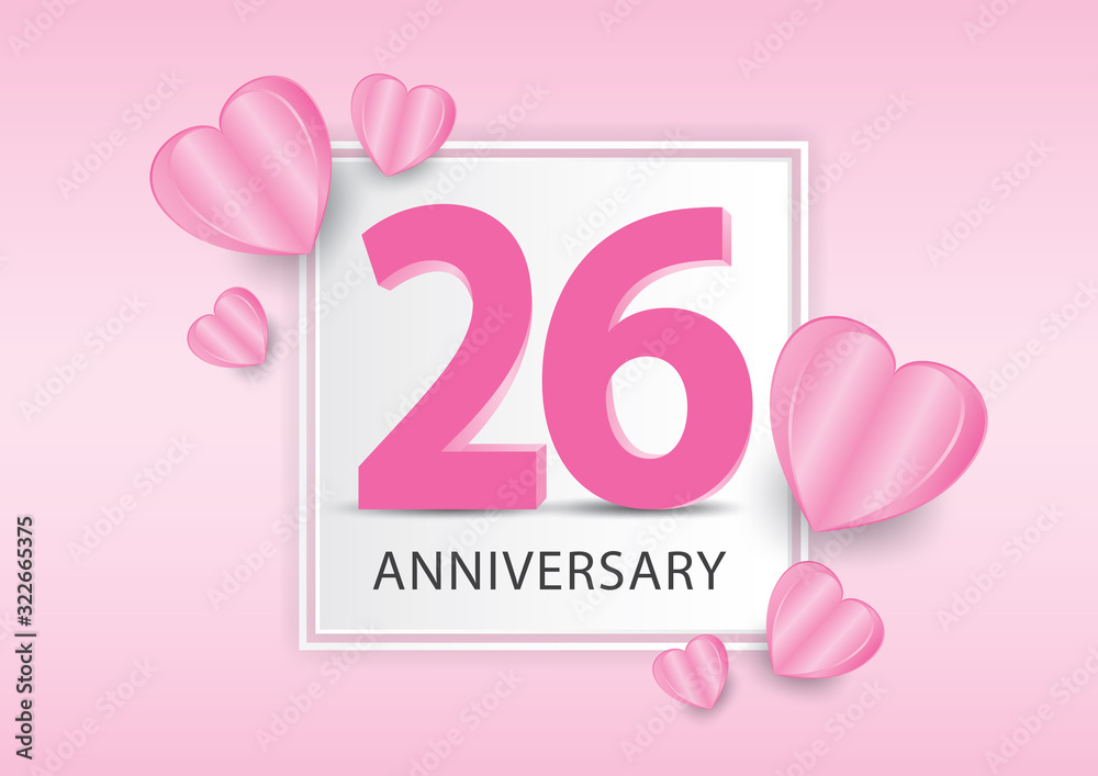26 Years Anniversary Logo Celebration With heart background. Valentine’s Day Anniversary banner vector template