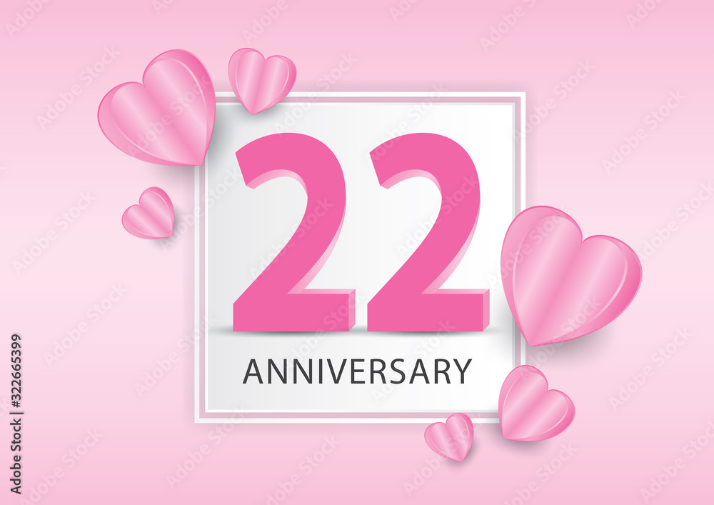 22 Years Anniversary Logo Celebration With heart background. Valentine’s Day Anniversary banner vector template