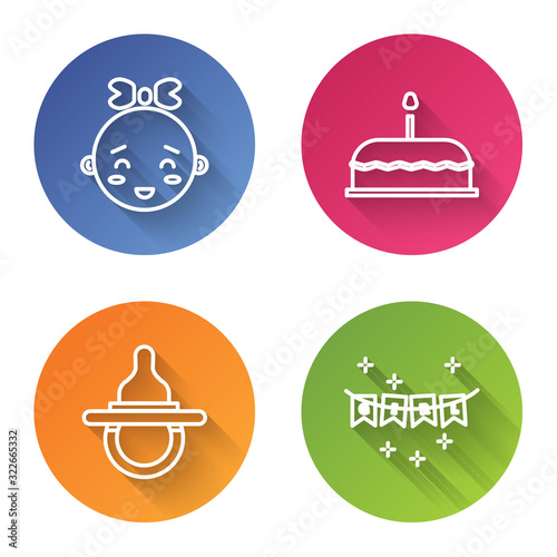 Set line Happy little girl head, Cake with burning candles, Baby dummy pacifier and Carnival garland with flags. Color circle button. Vector
