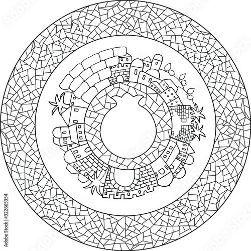 black on transparent outline old city skyline panoramic landscape with pomegranate copy space shape on mosaic circle center, within mosaic round frame black on transparent