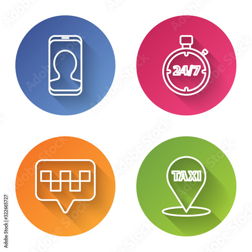 Set line Taxi call telephone service, Stopwatch 24 hours, Map pointer with taxi and Map pointer with taxi. Color circle button. Vector