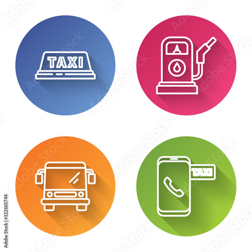 Set line Taxi car roof, Petrol or Gas station, Bus and Taxi call telephone service. Color circle button. Vector