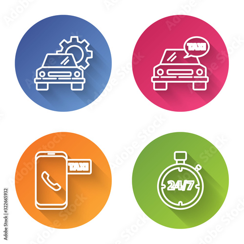 Set line Car service, Taxi car, Taxi call telephone service and Stopwatch 24 hours. Color circle button. Vector