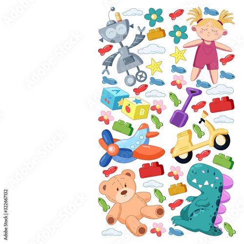 Fototapeta Naklejka Na Ścianę i Meble -  Kindergarten vector pattern with toys. Children play and grow together.