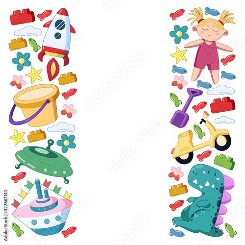 Kindergarten vector pattern with toys. Children play and grow together.