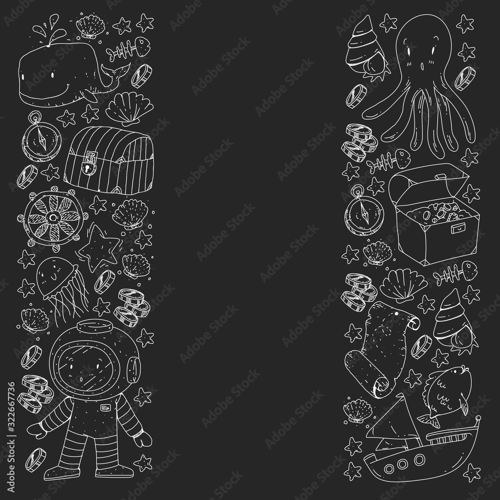 Vector set with underwater diving icons and pirate elements. Treasure chest, ship, octopus, diver. Little boys and kingergarten preschool girls summer vacation and adnventure Vector set with underwater diving icons and pirate elements. Treasure chest, ship, octopus, diver. Little boys and kingergarten preschool girls summer vacation and adnventure