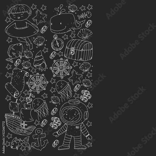 Vector set with underwater diving icons and pirate elements. Treasure chest, ship, octopus, diver. Little boys and kingergarten preschool girls summer vacation and adnventure