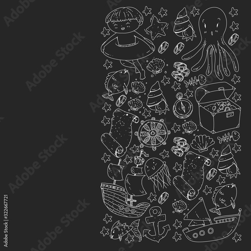 Vector set with underwater diving icons and pirate elements. Treasure chest, ship, octopus, diver. Little boys and kingergarten preschool girls summer vacation and adnventure