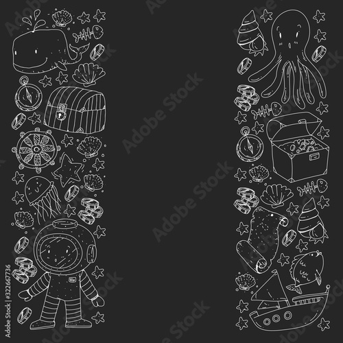Vector set with underwater diving icons and pirate elements. Treasure chest, ship, octopus, diver. Little boys and kingergarten preschool girls summer vacation and adnventure