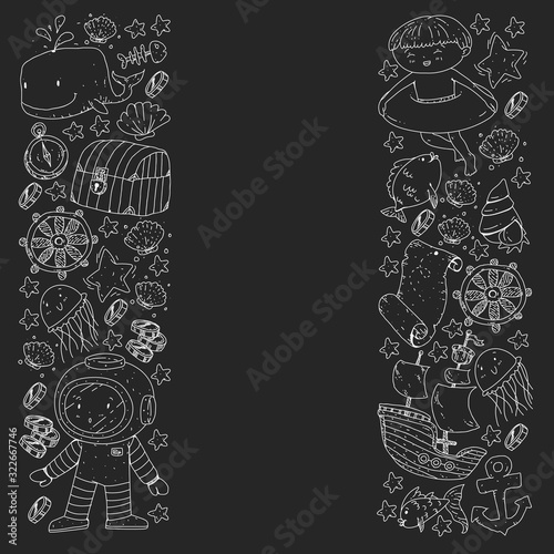 Vector set with underwater diving icons and pirate elements. Treasure chest, ship, octopus, diver. Little boys and kingergarten preschool girls summer vacation and adnventure